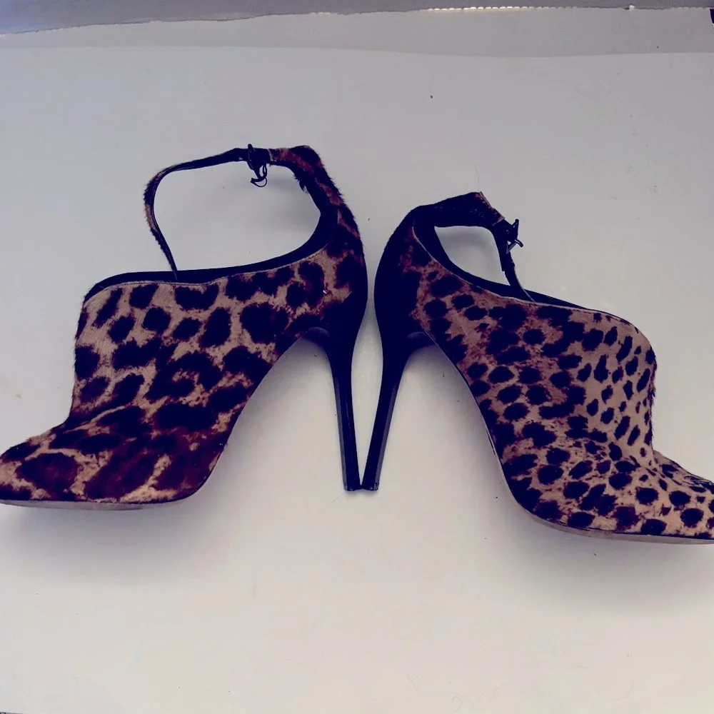 BRIAN ATWOOD Liese Leopard print calf hair ankle boots peep toe stiletto heels